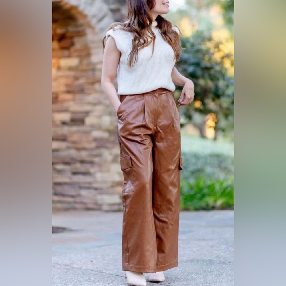 Anthropologie Vegan Leather Pleated Wide Leg Cargo Pants Cedar Brown Size 10 NWT